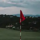 A putter and golf ball beside the hole