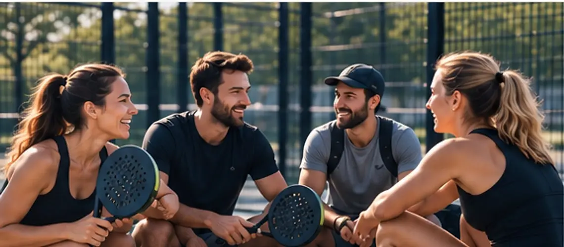 Four friends with padel paddles sitting together courtside, chatting and laughing